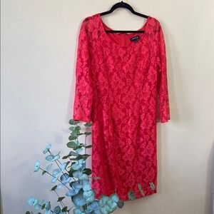 Chetta B Pink Coral Lace Bodycon Midi Dress 3/4 Sleeve Cocktail Party Wedding 8